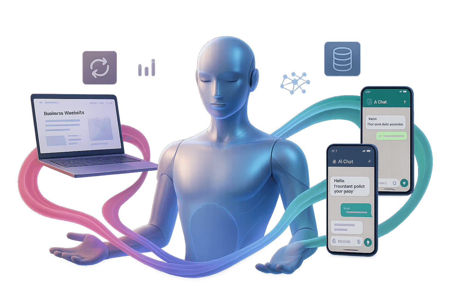 Agente AI interacatuando con laptop y conversaciones