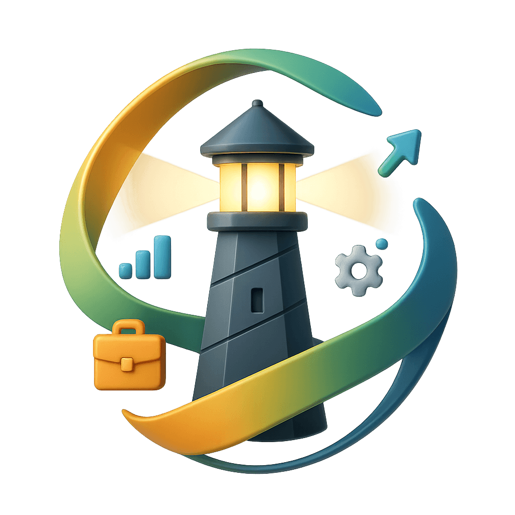 Icono de un faro encendido con un liston de colores dorado y verde