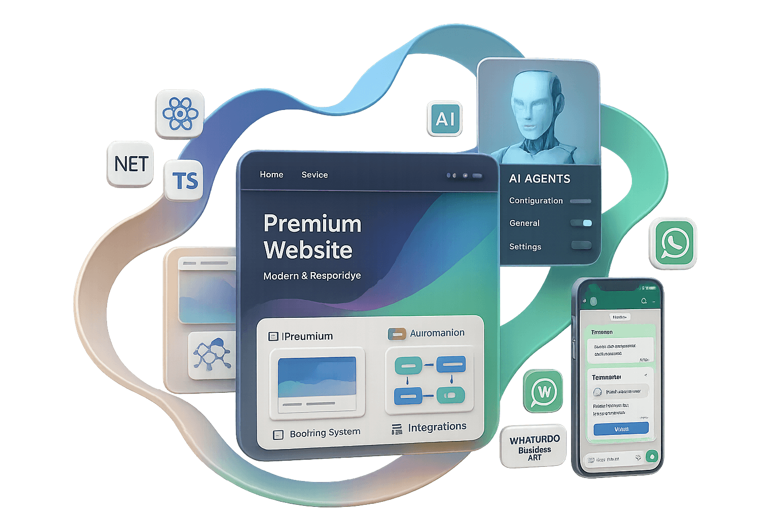 Imagen que muestra diferentes interfaces representando los servicios, una web un chat de whatsapp y un agente ai