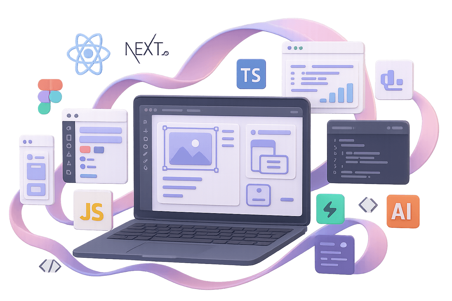 Ilustración de desarrollo web con React, Next.js y herramientas modernas